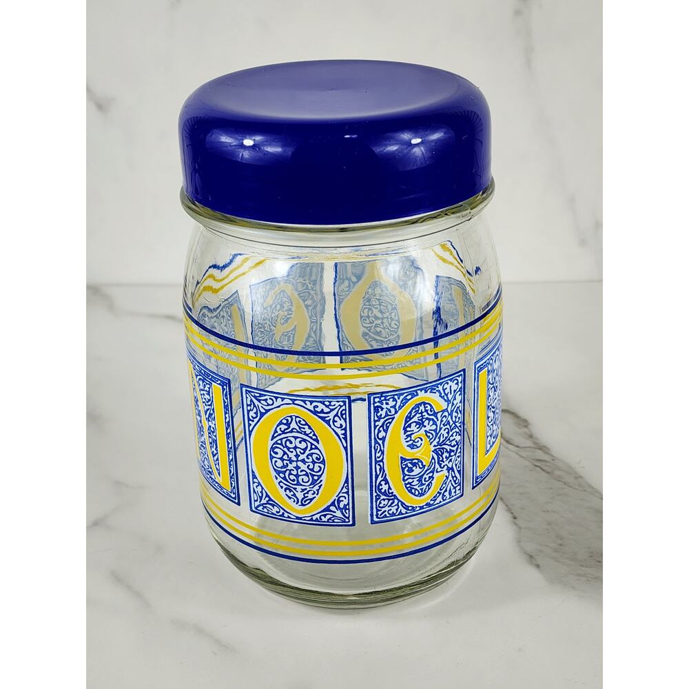 Noel Glass Canister Jar Cookie w/ Blue Lid 7" x 4 1/2" Container Storage
